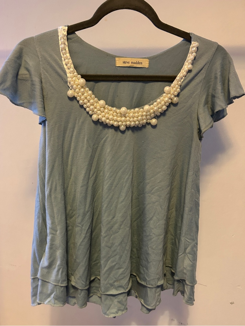 Steve Madden Light Sage Pearl-Trim Short Sleeve Tee